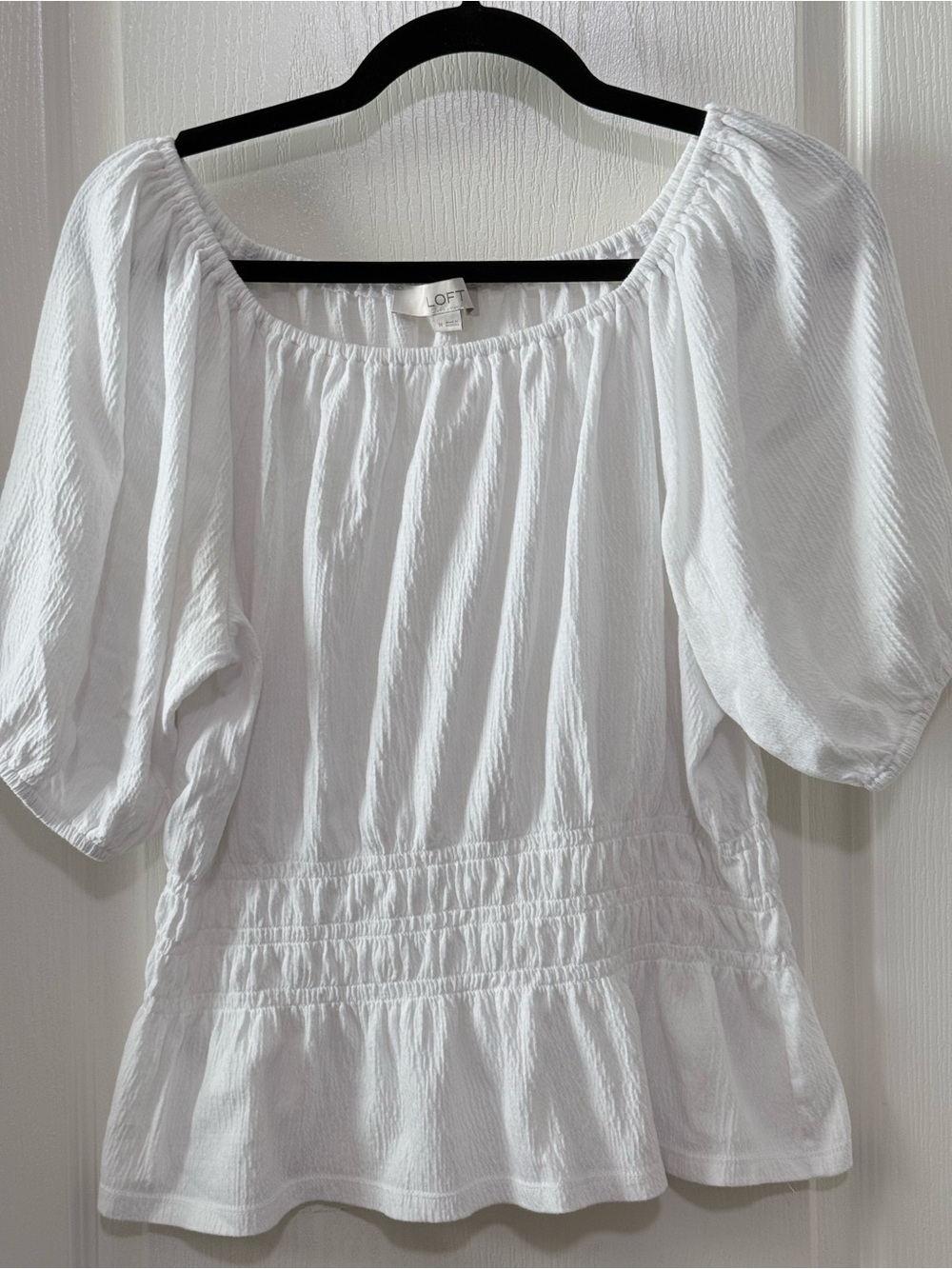 LOFT White Peasant Blouse with Smocked Waist and Puff Sleeves
